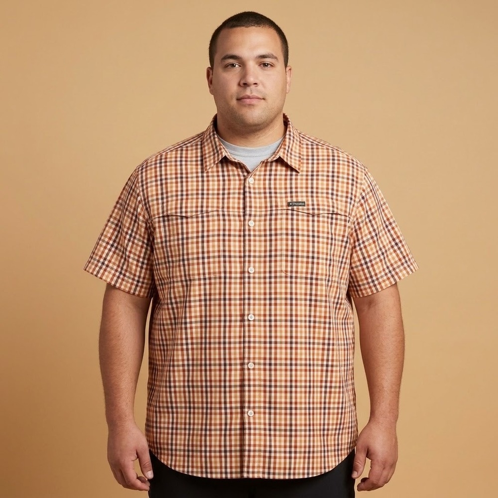 Columbia Plaid Short Sleeve Hiking Shirt Mens XL Orange‎ Brown Button Up EUC